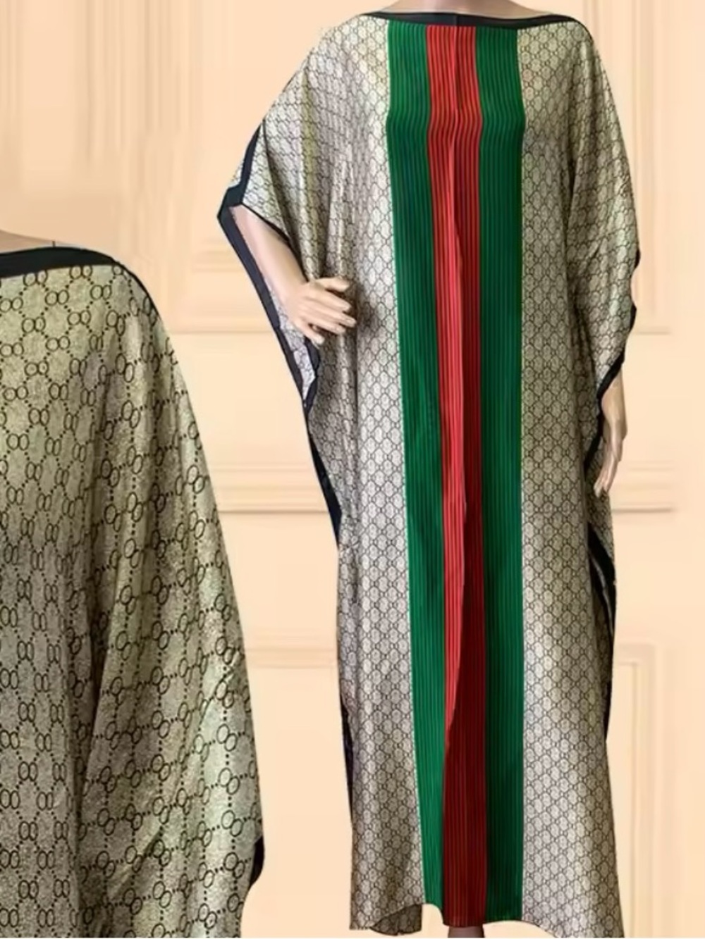 Striped Green and Red Caftan Tunic with Patterned Sides